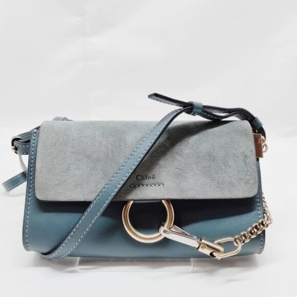 CHLOE Suede Calfskin Mini Faye Shoulder Bag Cloudy Blue - Picture 1 of 9